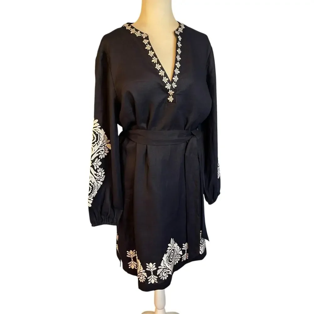 Boden Cleo Embroidered Linen Dress Navy White Long Sleeve Belted Size 14 - Picture 7 of 10